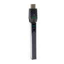 Angled view of the chrome Ooze Quad 2 square vape battery with 510 charger attached on a white background
