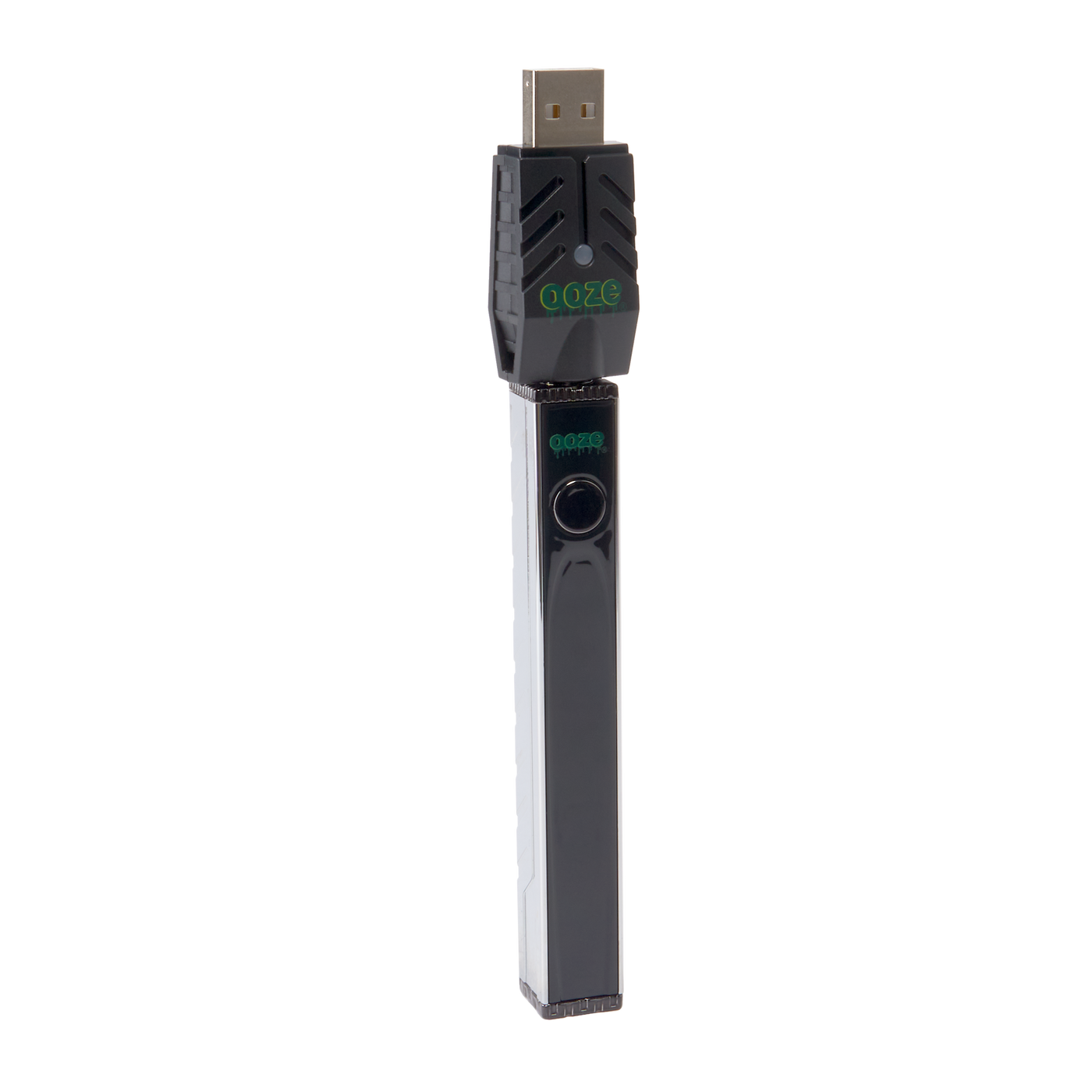 Angled view of the chrome Ooze Quad 2 square vape battery with 510 charger attached on a white background