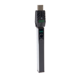 Angled view of the chrome Ooze Quad 2 square vape battery with 510 charger attached on a white background