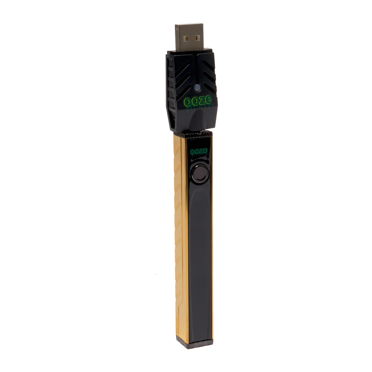 angled view of gold Quad 2 square vape including USB charger