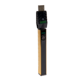 Angled view of the gold Ooze Quad 2 square vape battery with 510 charger attached against a white background
