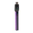 Angled view of the purple Ooze Quad 2 square vape battery with 510 charger attached against a white background