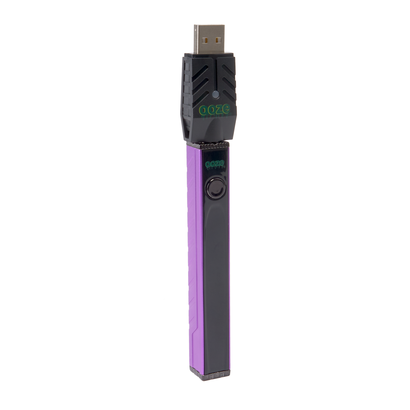Angled view of the purple Ooze Quad 2 square vape battery with 510 charger attached against a white background