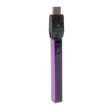 Angled view of the purple Ooze Quad 2 square vape battery with 510 charger attached against a white background