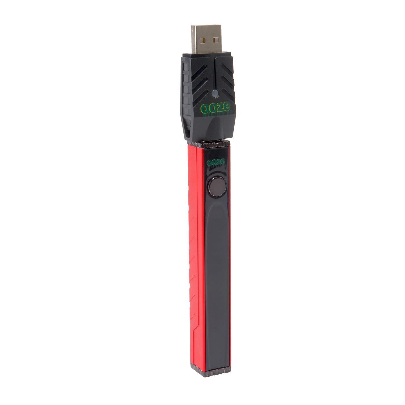 angled view of red Quad 2 square vape including USB charger