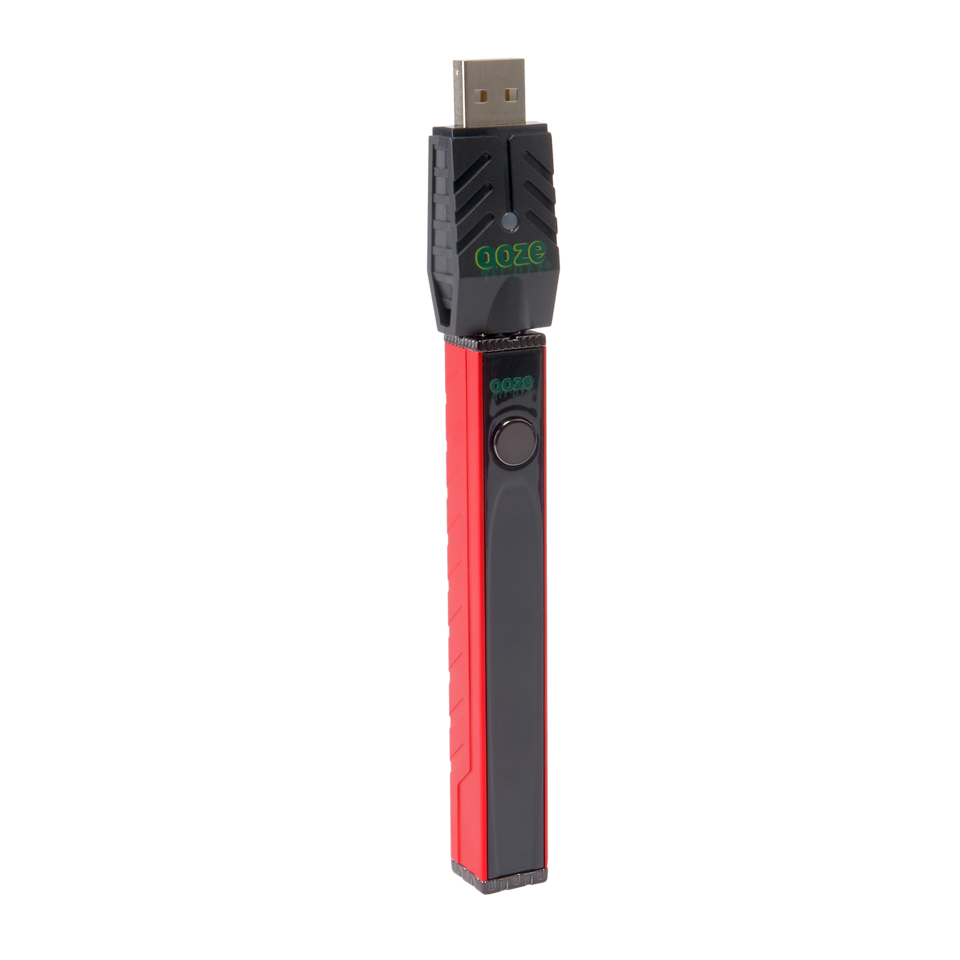 Angled view of the red Ooze Quad 2 square vape battery with 510 charger attached against a white background