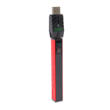 Angled view of the red Ooze Quad 2 square vape battery with 510 charger attached against a white background