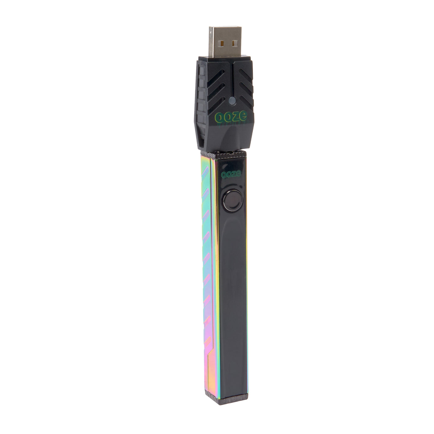 angled view of rainbow Quad 2 square vape including USB charger