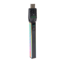 Angled view of the rainbow Ooze Quad 2 battery with the 510 charger attached against a white background