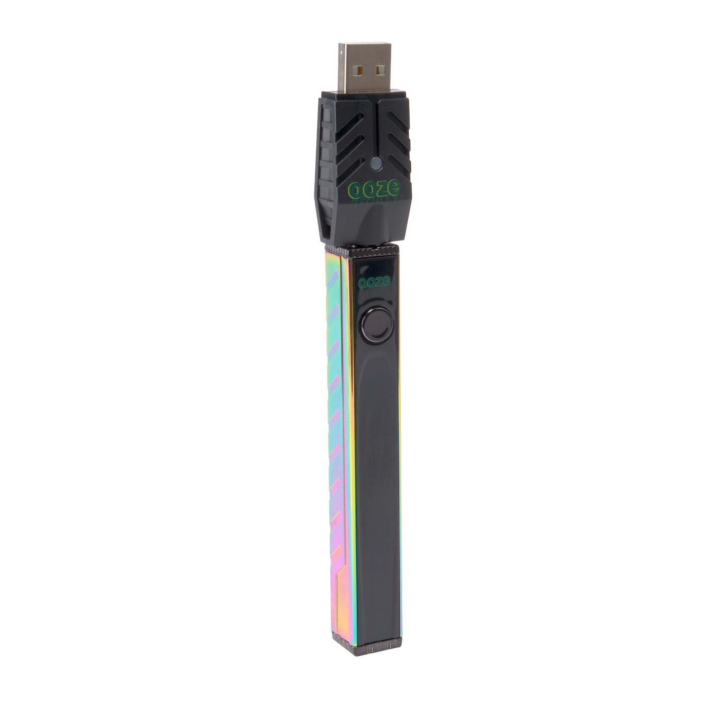 Angled view of the rainbow Ooze Quad 2 battery with the 510 charger attached against a white background