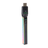 Angled view of the rainbow Ooze Quad 2 battery with the 510 charger attached against a white background