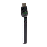 Angled view of the white Ooze Quad 2 vape battery with a 510 charger attached on a white background