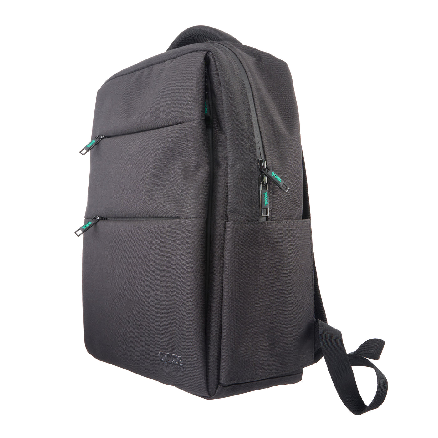 Angled view of Black smell proof Traveler Series backpack 