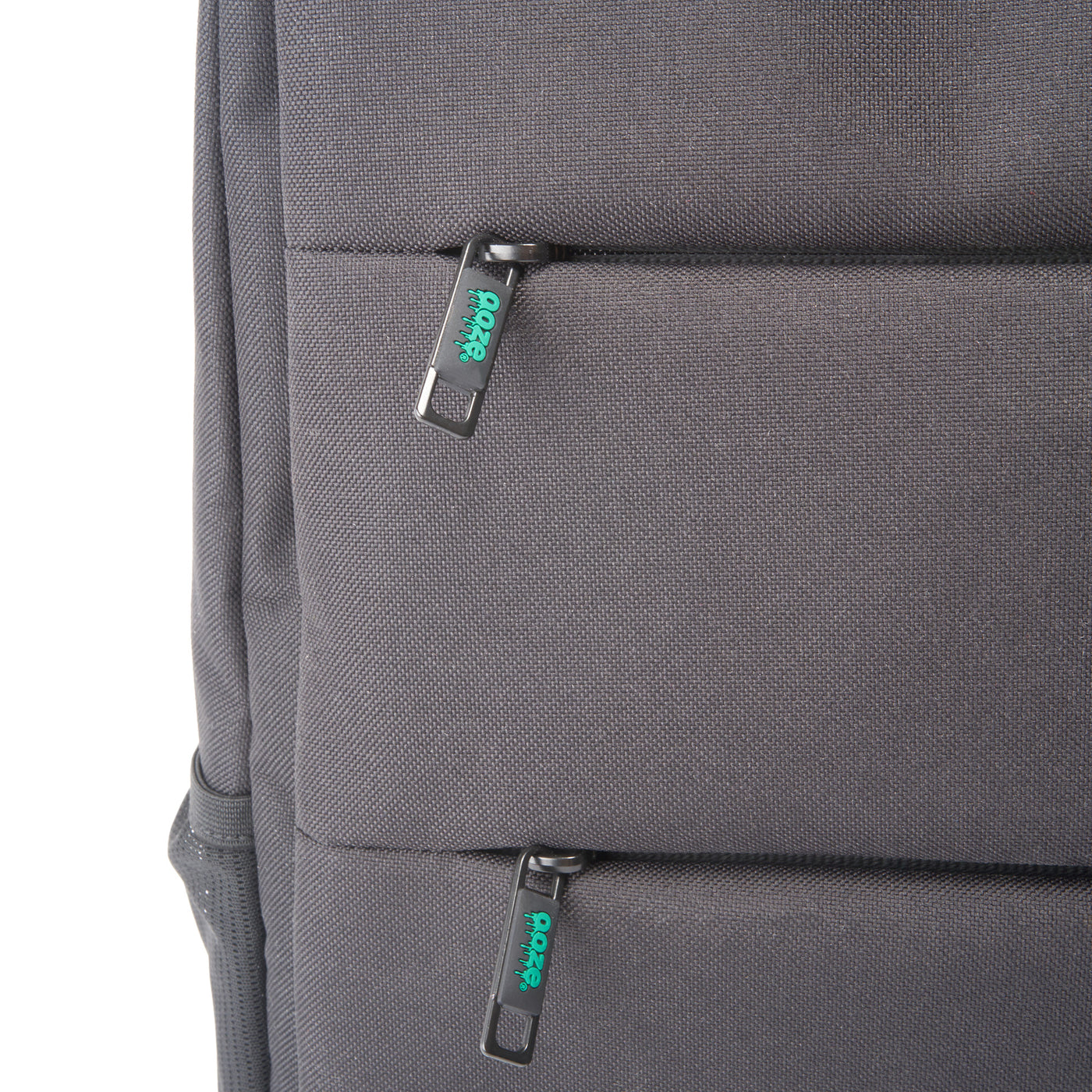 Up close of two front zippers on black smell proof Traveler Series backpack 
