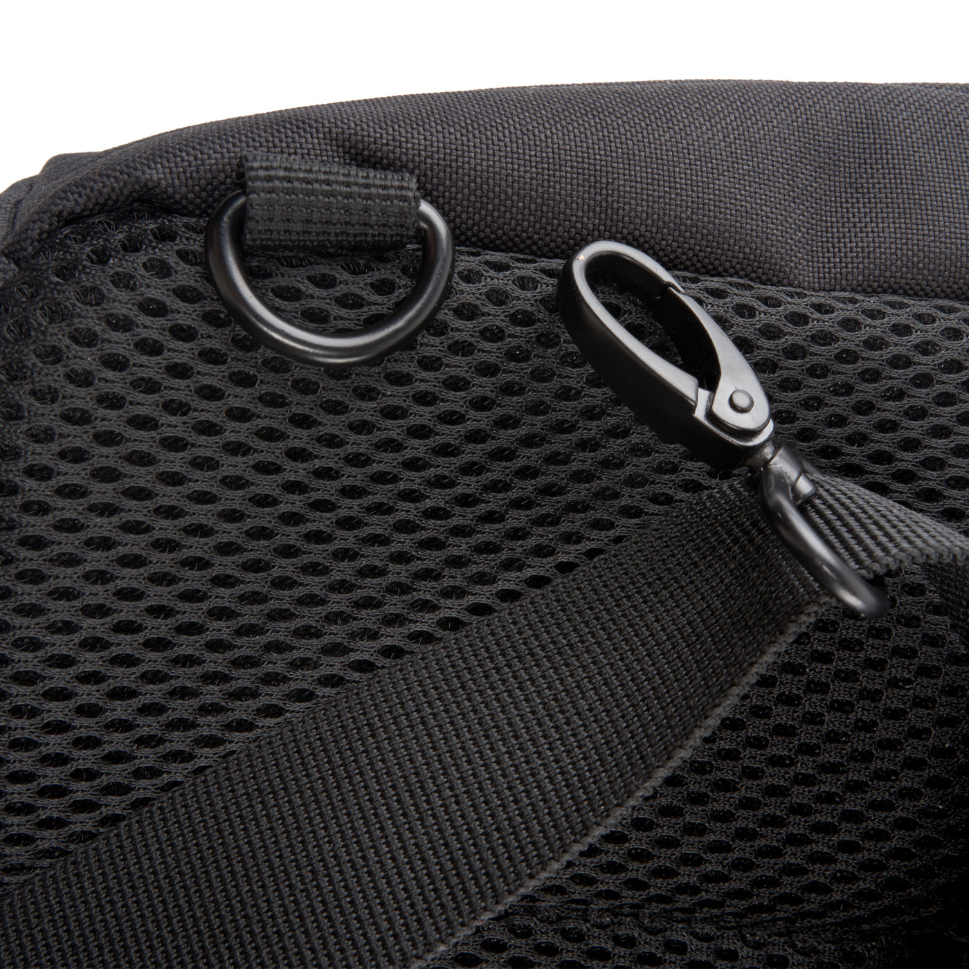 Close up of the strap closure of the Black smell proof Traveler Series crossbody bag
