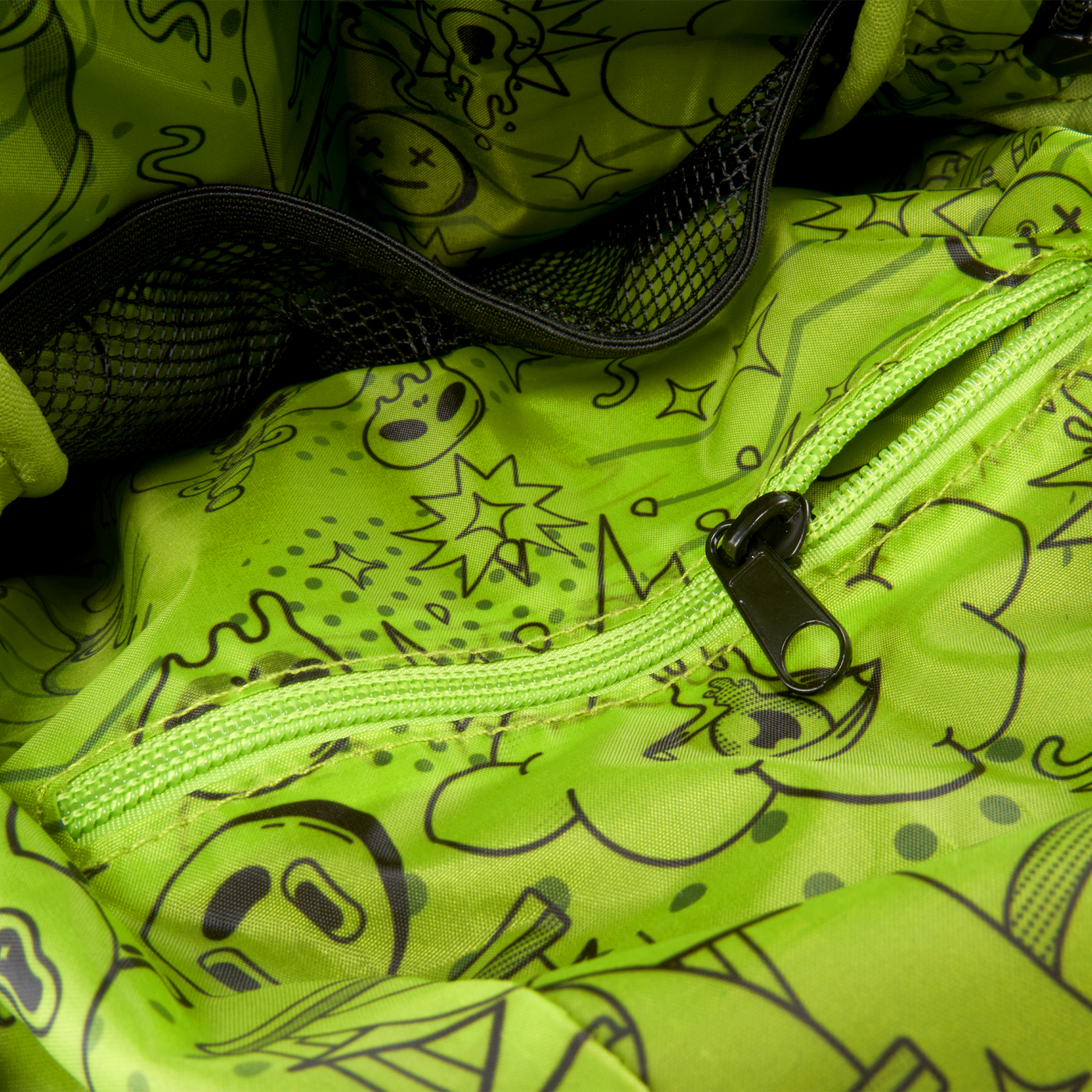 The green Ooze printed inner lining of the crossbody