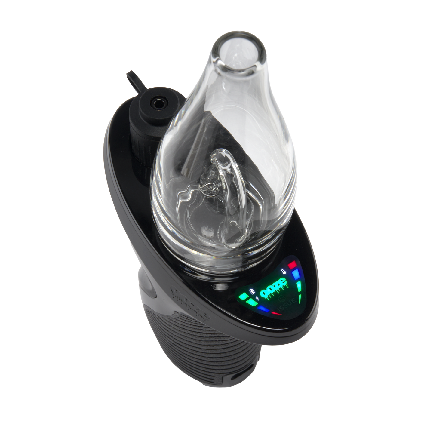 Angled overhead view of Black Ooze Trigger Vaporizer Max e-rig with the screen turned on