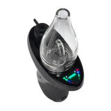Angled overhead view of Black Ooze Trigger Vaporizer Max e-rig with the screen turned on