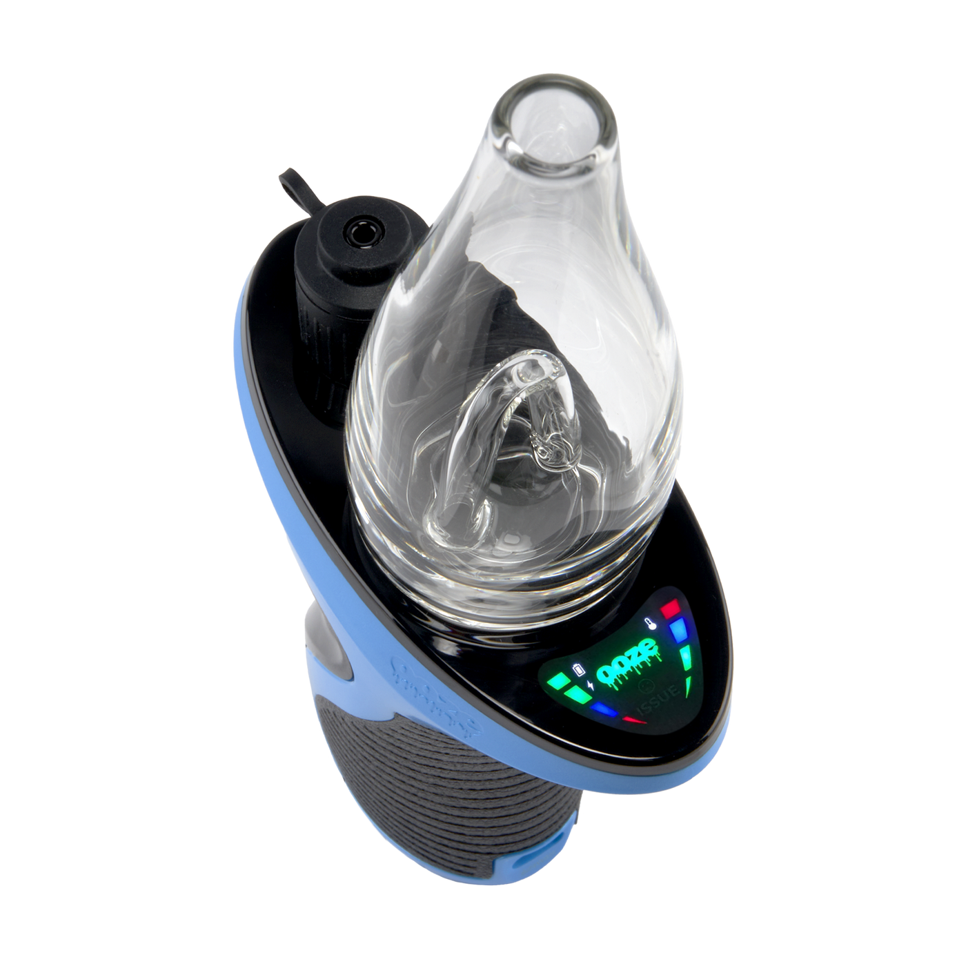 Angled overhead view of Blue Ooze Trigger Vaporizer Max e-rig with the screen turned on