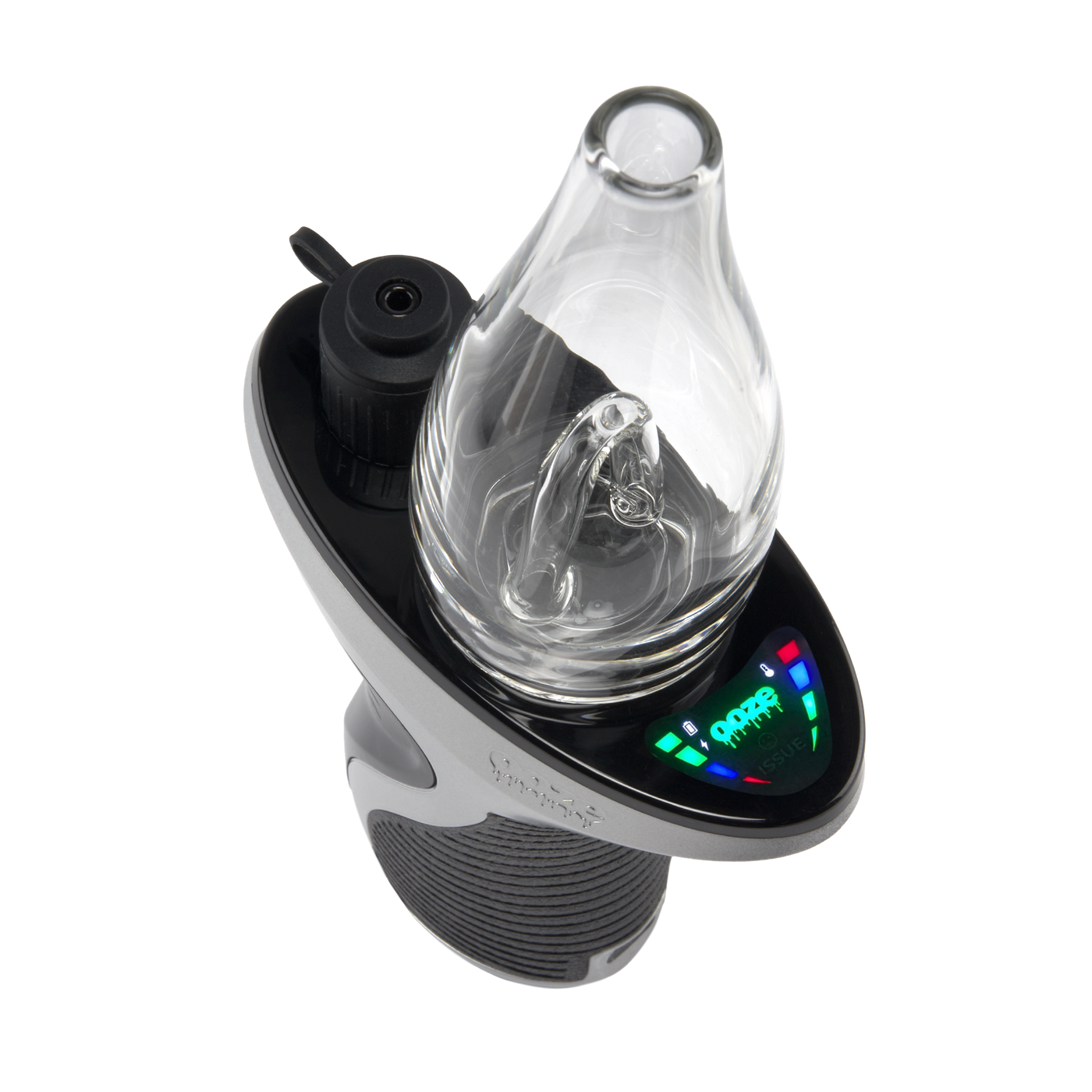 Angled overhead view of Chrome Ooze Trigger Vaporizer Max e-rig with the screen turned on