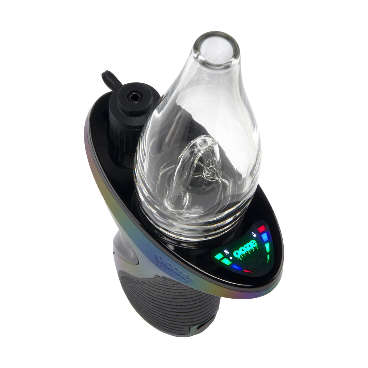 Rainbow Ooze Trigger vaporizer max e-rig from an above angle with the screen turned on