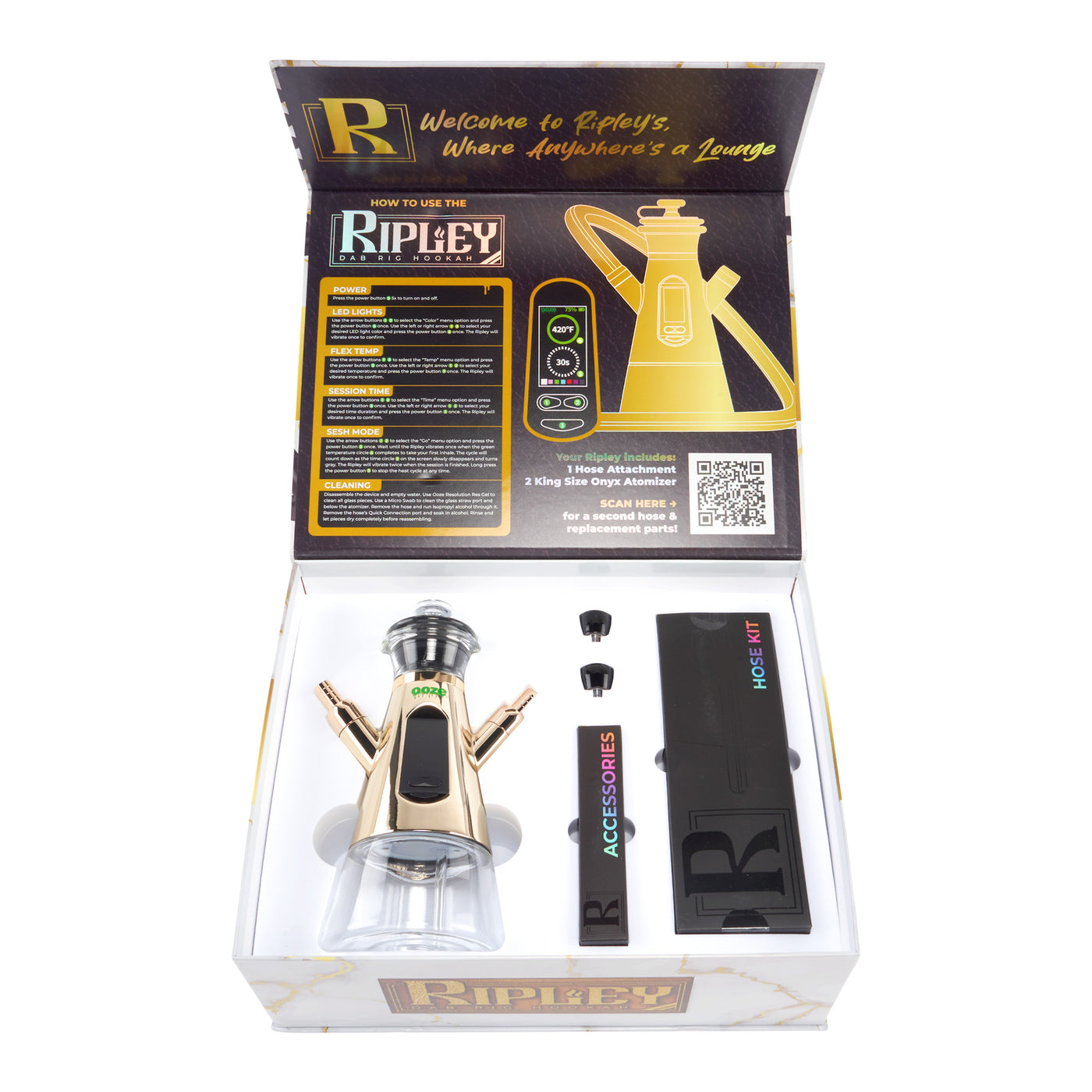 Inside view of the Gold hookah dab rig product box with all the features and specific items included