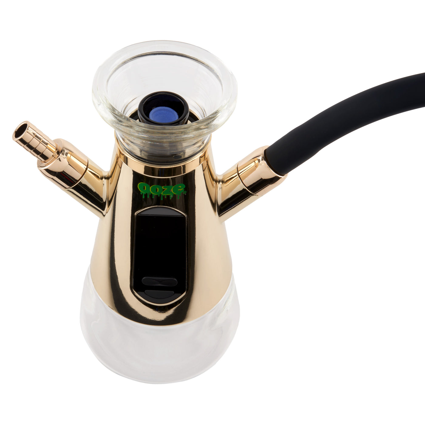 Gold Hookah dab rig close up of features including onyx atomizer attached and hose