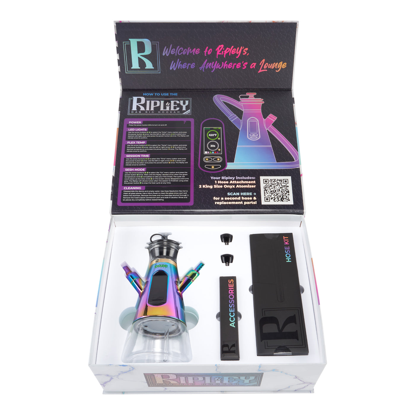 Inside view of the Rainbow hookah dab rig product box with all the features and specific items included 
