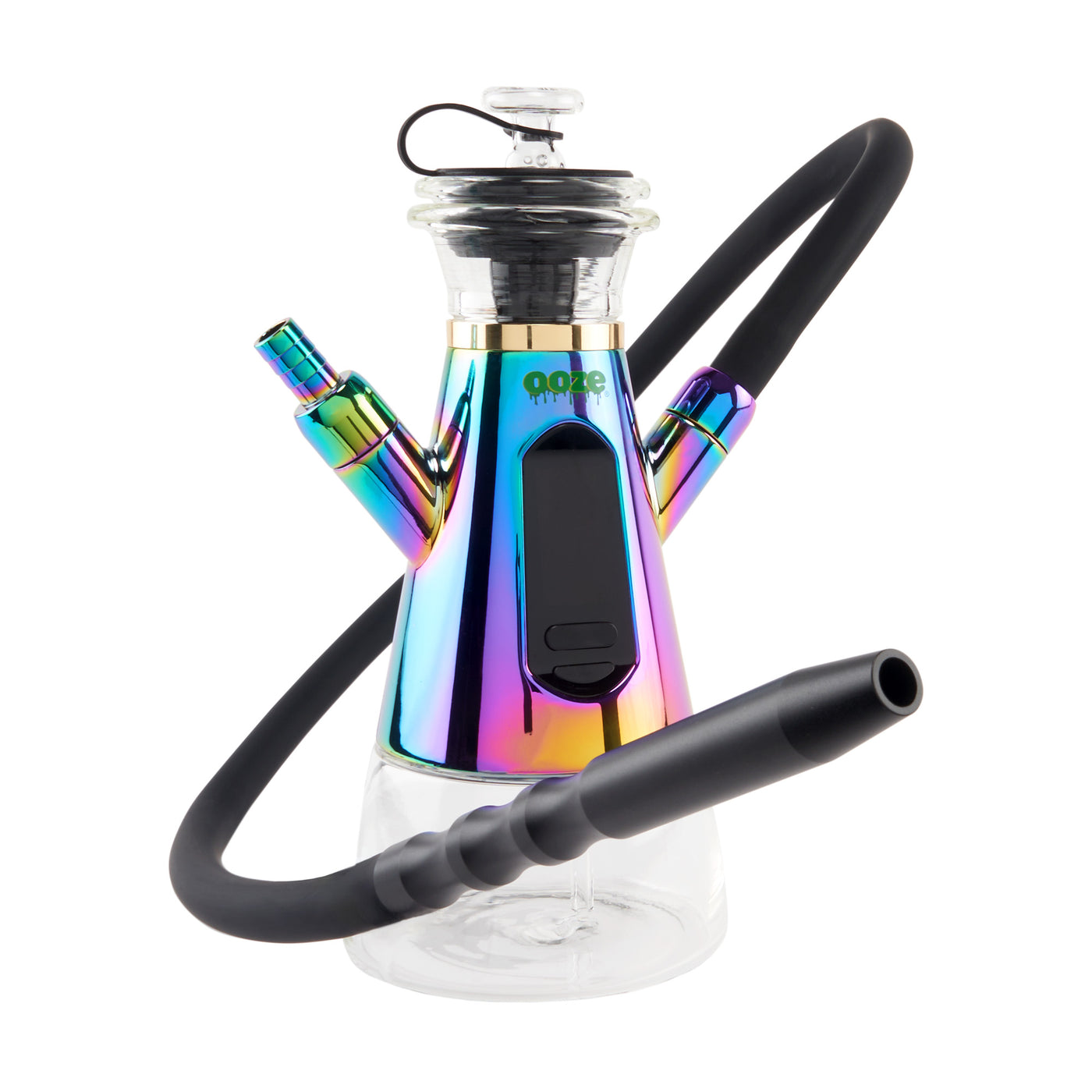 Rainbow hookah dab rig with black hose attached 