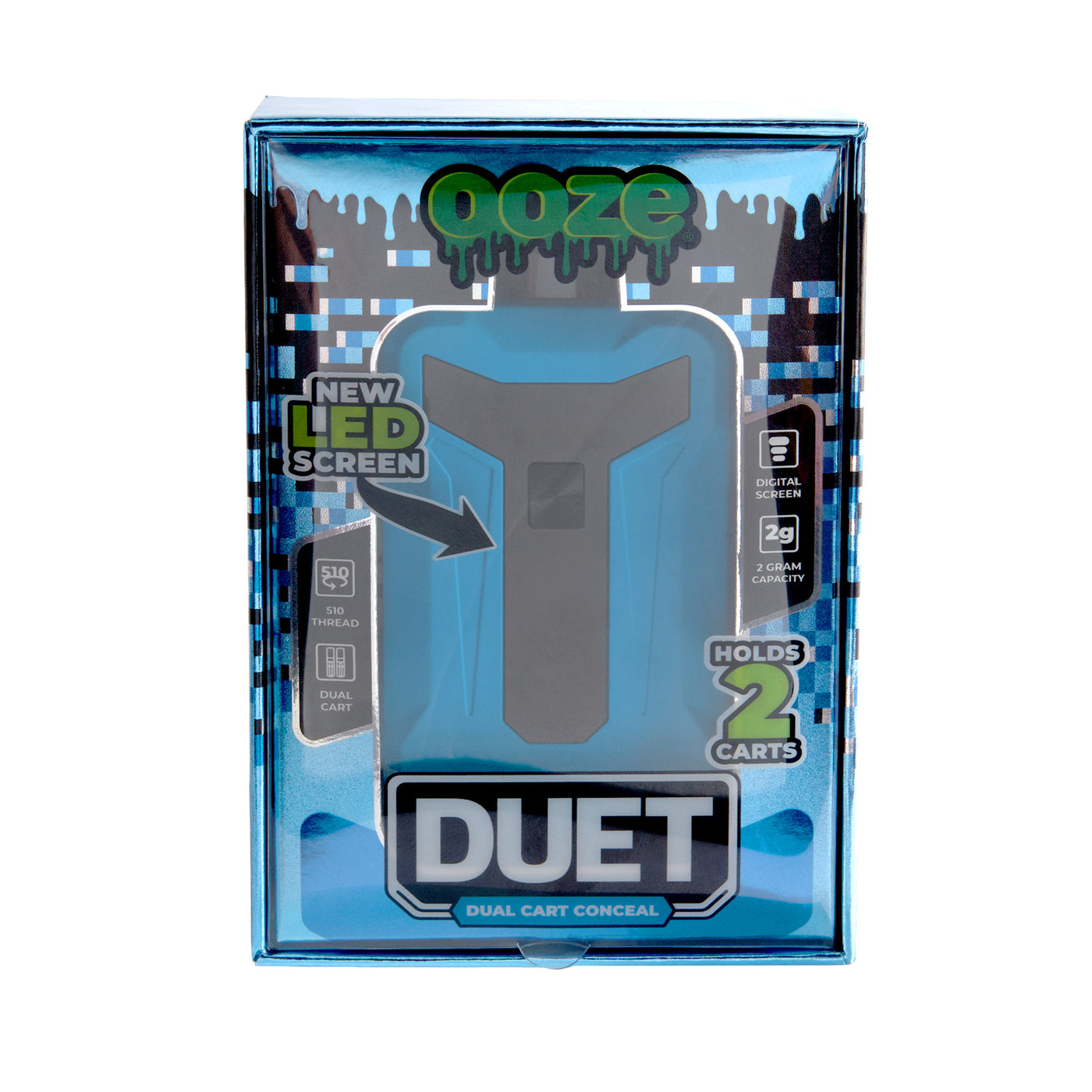 Front shot of Duet Blue double cartridge vape in product box
