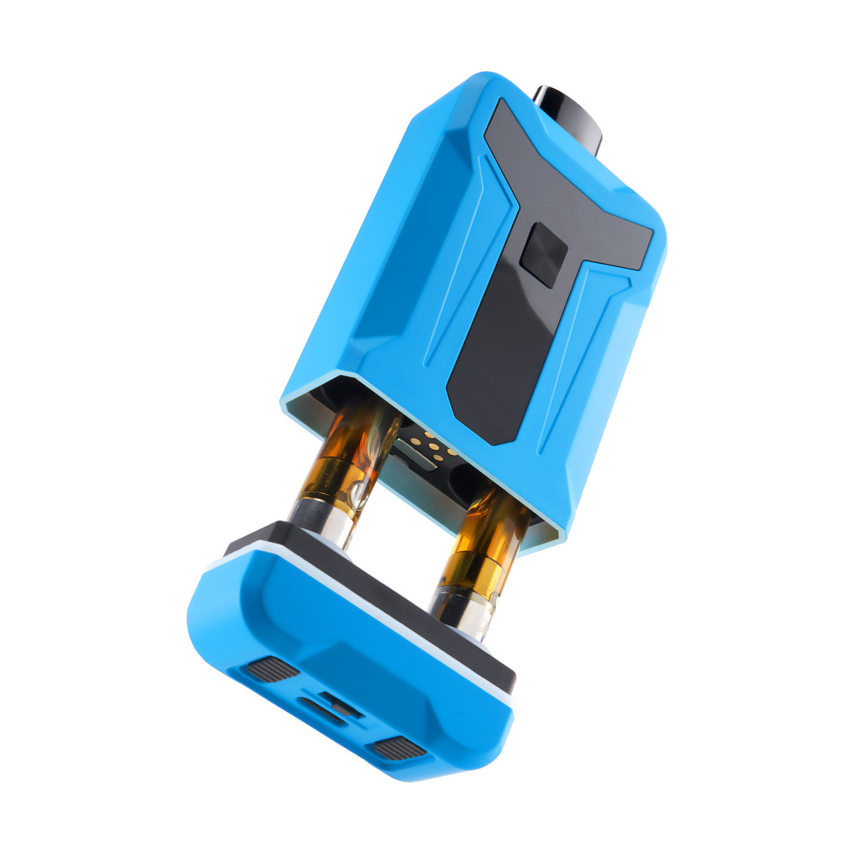 Angled shot of Duet Blue double cartridge vape with dual carts popped out the bottom