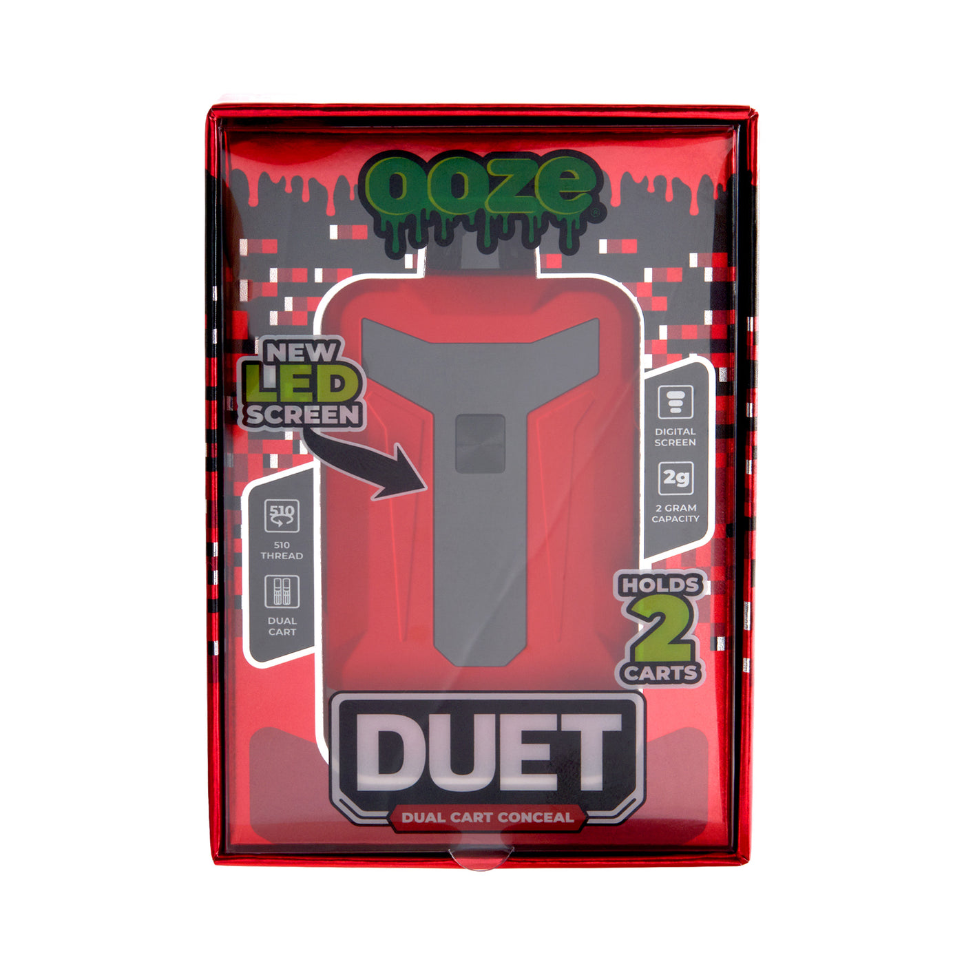 Front shot of Duet Red double cartridge vape in product box