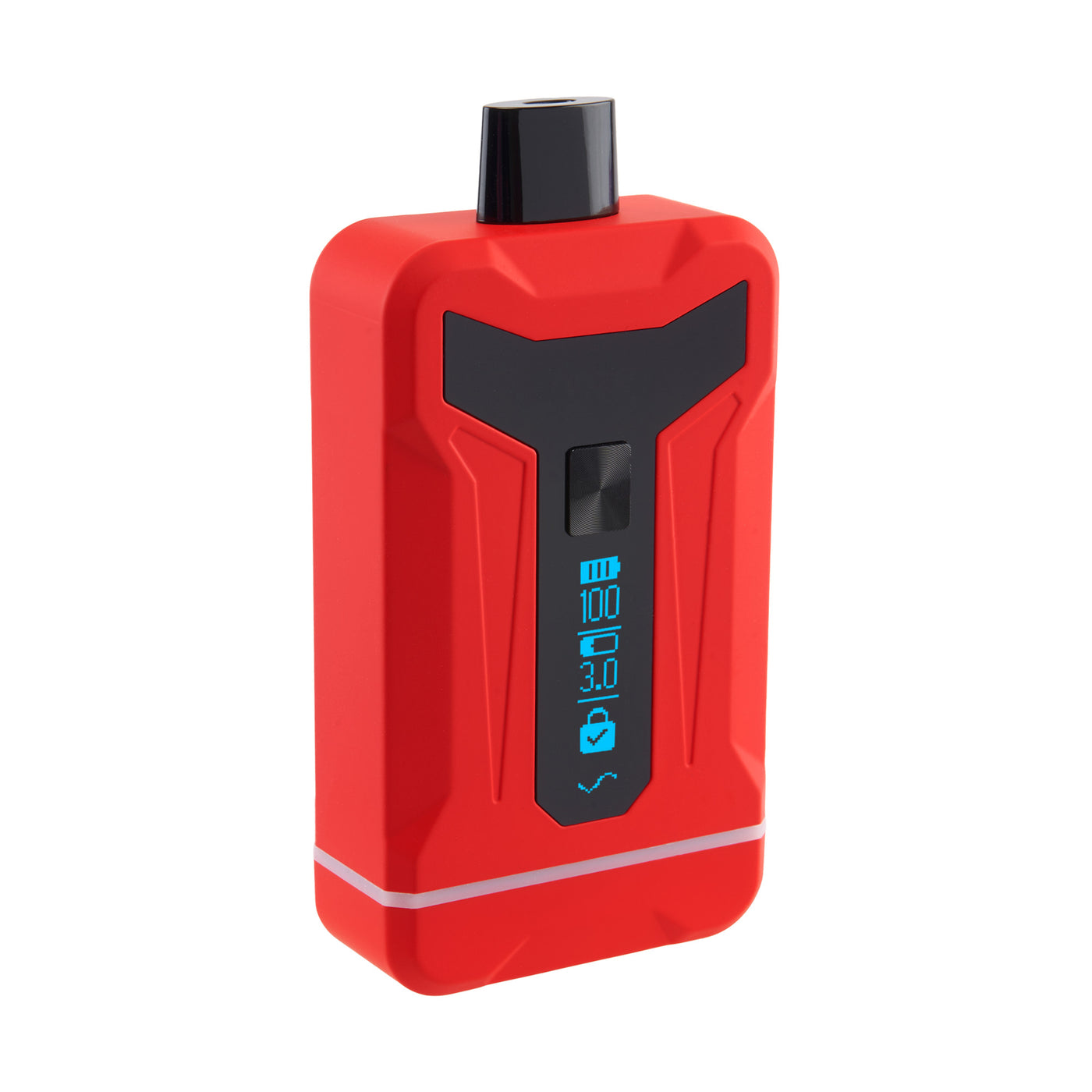 Side view of Duet Red double cartridge vape with screen turned on
