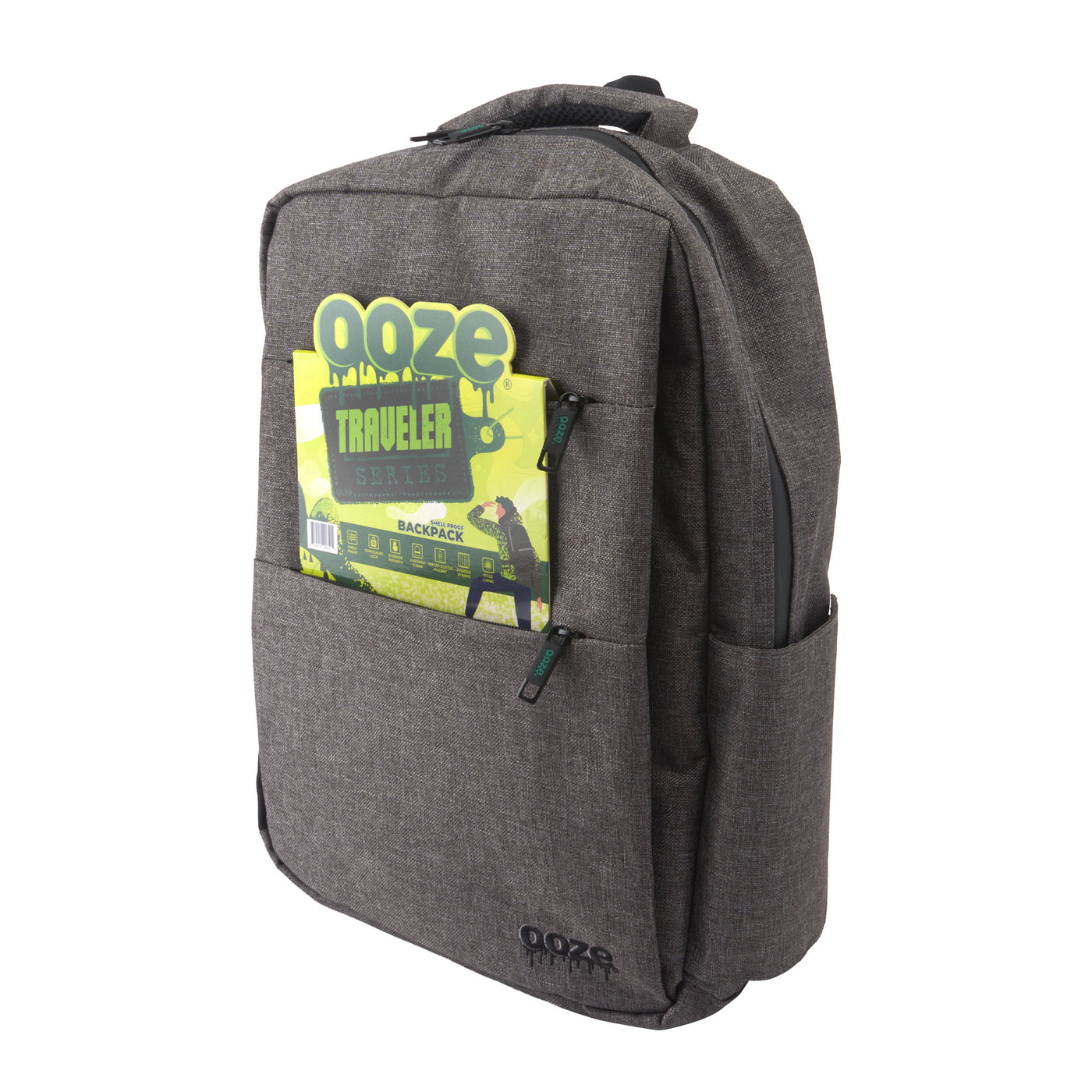 Angled view of Gray smell proof Traveler Series backpack 