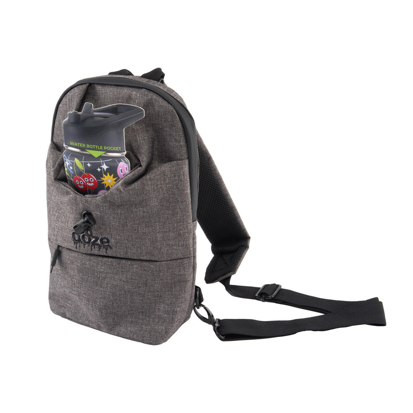 Angled view of Gray smell proof Traveler Series crossbody bag