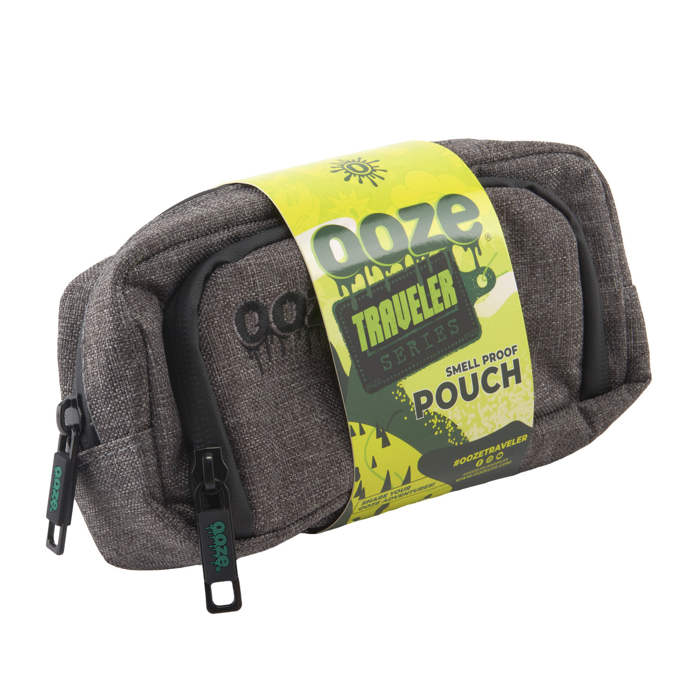 Angled view of Gray smell proof Traveler Series pin bag with packaging collar