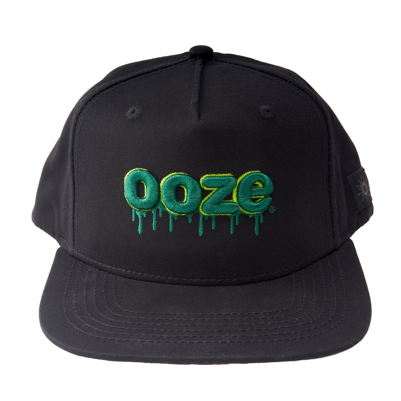 Front view of the Ooze flat brim Hype Engine hat with green logo