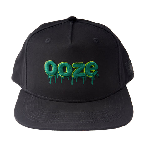 Front view of the Ooze flat brim Hype Engine hat with green logo