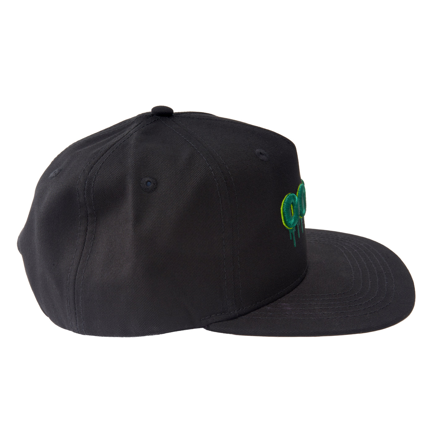 Side view of the Ooze flat brim Hype Engine hat with green logo
