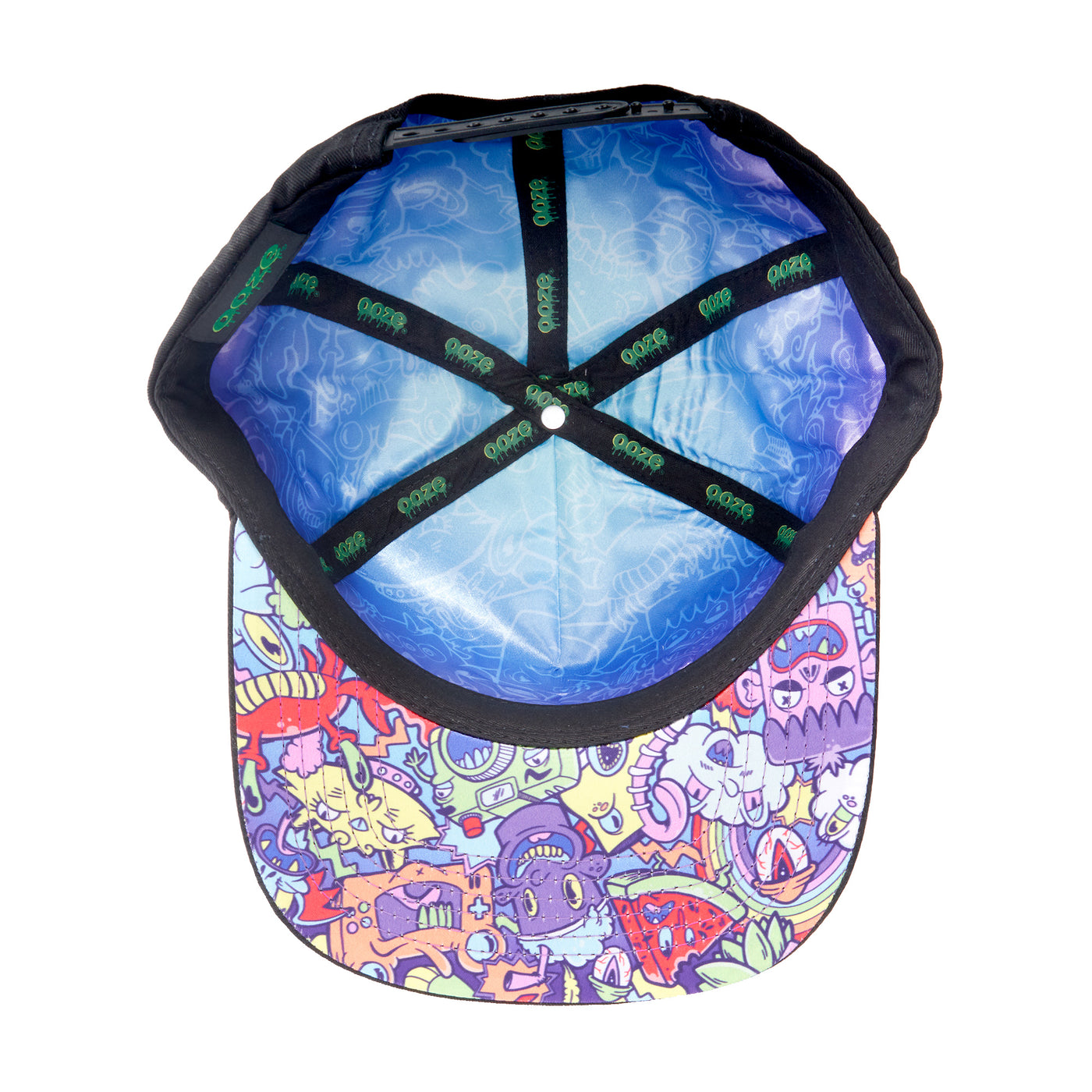 View of the colorful underside of the Ooze flat brim Hype Engine hat with green logo