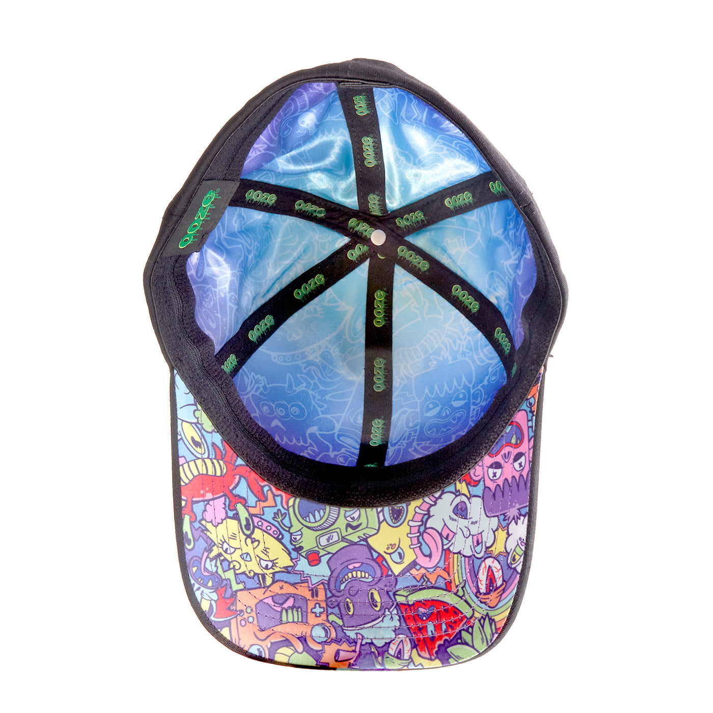 View of the colorful underside of the large Ooze curved brim Hype Engine hat with green logo