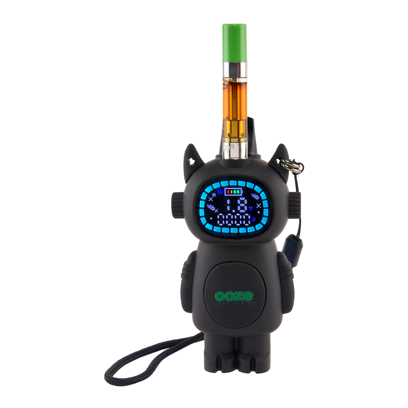 Black Ooze Bot character vape battery with a cart screwed on top of head