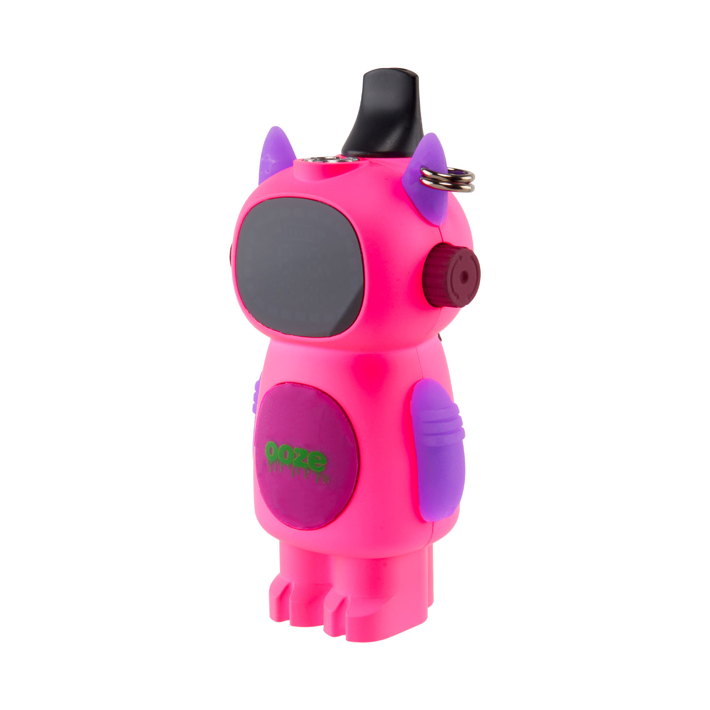 Angled view of Atomic pink Ooze Bot character vape battery 