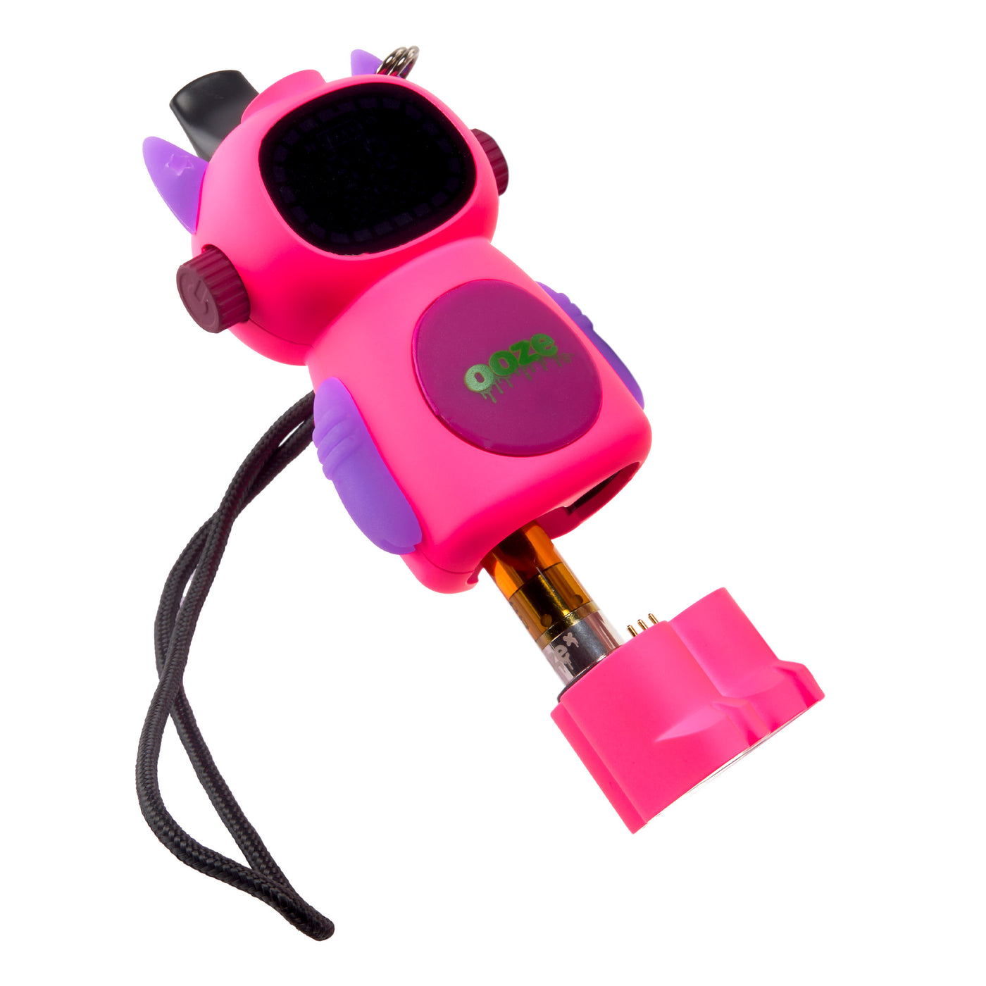 Body of the Atomic pink Ooze Bot character vape battery is pulled off the legs to show the cart inside