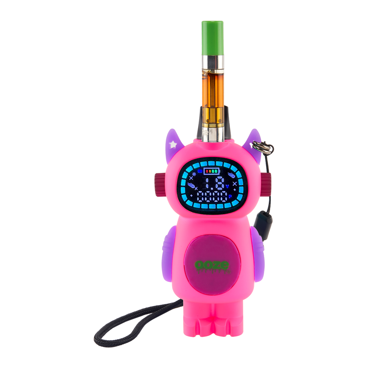 Atomic pink Ooze Bot character vape battery with cart screwed on top of head