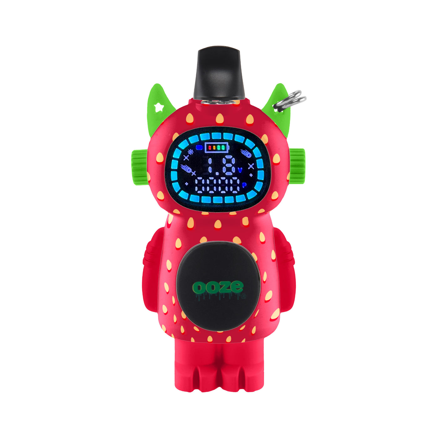 The Strawberry Bot Character Vape faces forward with the screen turned on