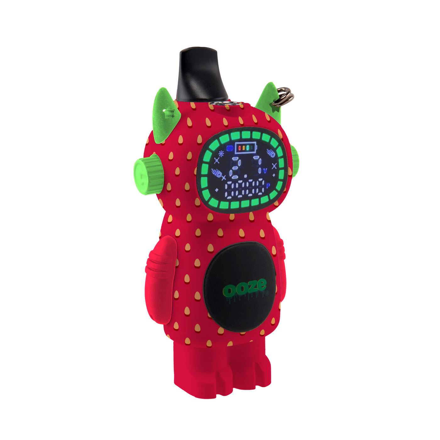 Angled view of the Strawberry Bot Character Vape with the screen turned on