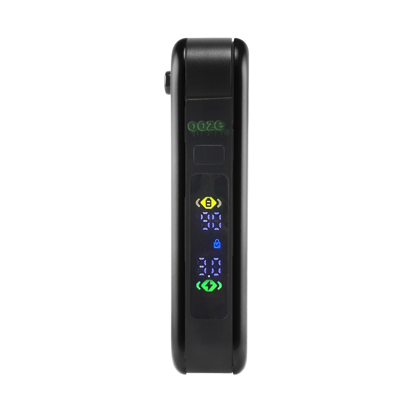 Black Hinge flick vape battery with digital screen turned on and 510 thread in closed position