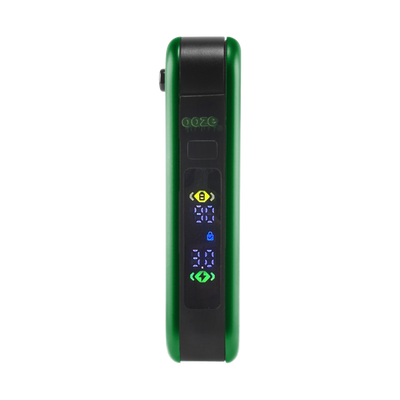 Green Ooze Hinge battery with digital screen turned on and 510 thread in closed position