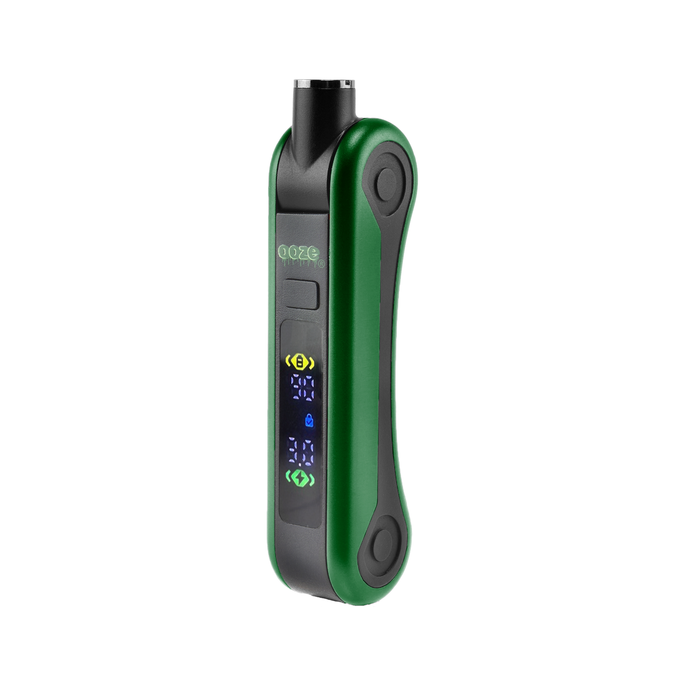 Angled view of green Hinge vape battery with digital screen turned on and 510 thread in use position